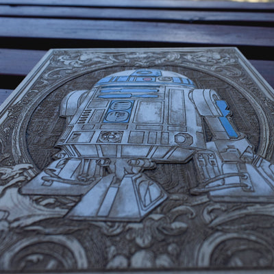 R2D2 - Medium Hand Painted – gothic art, engraved wood, dark fantasy, skeleton design, artisan crafted