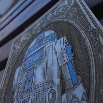 R2D2 - Medium Hand Painted – gothic art, engraved wood, dark fantasy, skeleton design, artisan crafted