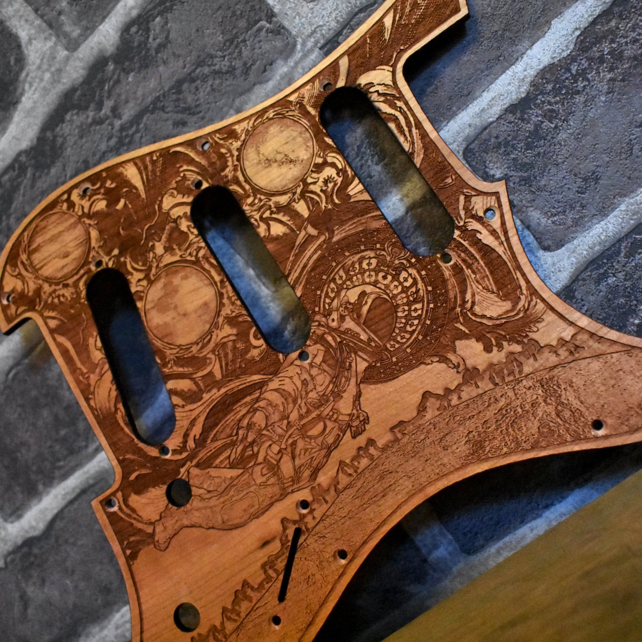 Handcrafted wooden pickguard for Fender Stratocaster HSS & SSS models.