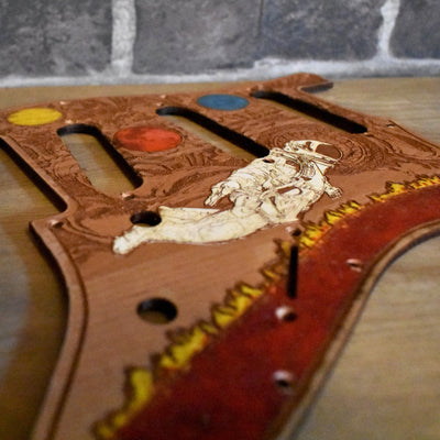 Stratocaster HSS & SSS Wood Pickguard - Reaching Atmosphere Painted – gothic art, engraved wood, dark fantasy, skeleton design, artisan