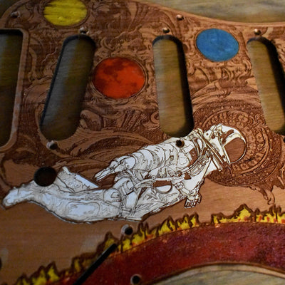Stratocaster HSS & SSS Wood Pickguard - Reaching Atmosphere Painted – gothic art, engraved wood, dark fantasy, skeleton design, artisan
