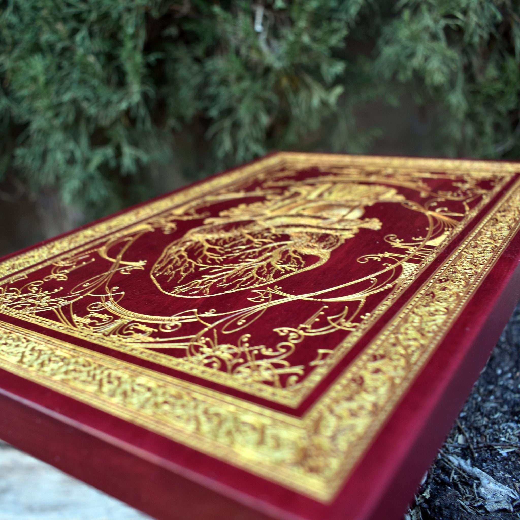 Detailed red anatomical heart artwork laser-engraved on rustic wood panel.