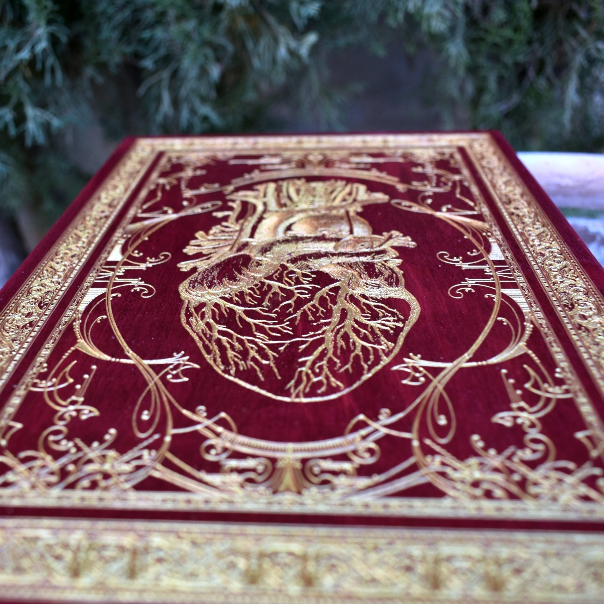 Medical heart illustration engraved in red on cherrywood, gothic wall decor.