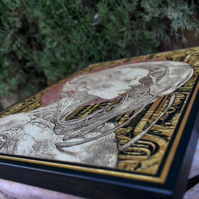 Gothic engraved wood art – gothic art, engraved wood, dark fantasy, skeleton design, artisan crafted