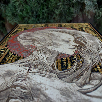 Gothic engraved wood art – gothic art, engraved wood, dark fantasy, skeleton design, artisan crafted