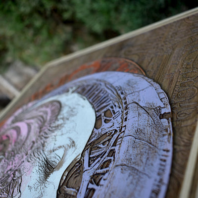 Gothic engraved wood art – gothic art, engraved wood, dark fantasy, skeleton design, artisan crafted