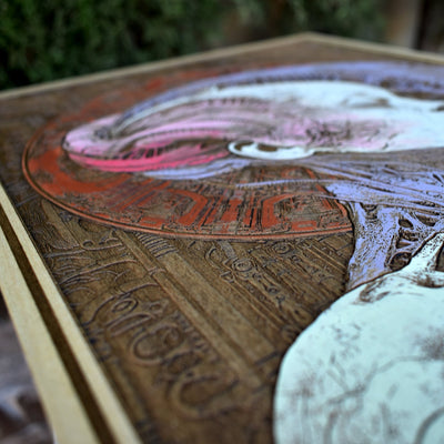 Gothic engraved wood art – gothic art, engraved wood, dark fantasy, skeleton design, artisan crafted