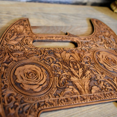 Telecaster Wood Pickguard - Roses – gothic art, engraved wood, dark fantasy, skeleton design, artisan crafted