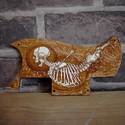 Epiphone SG Special Pickguard - Stumble Skeleton Hand Painted – gothic art, engraved wood, dark fantasy, skeleton design, artisan crafted