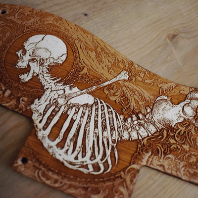 Epiphone SG Special Pickguard - Stumble Skeleton Hand Painted – gothic art, engraved wood, dark fantasy, skeleton design, artisan crafted