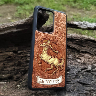 Sagittarius archer symbol engraved on handcrafted wood case
