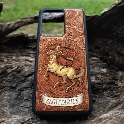Handmade Sagittarius star sign phone case with rustic finish