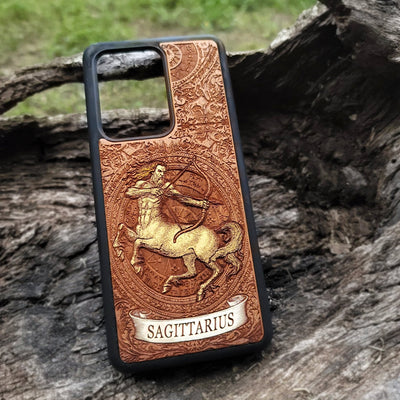 Horoscope-themed wood phone case featuring Sagittarius archer