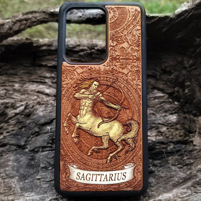 Hand-painted Sagittarius zodiac wood phone case with horoscope symbol