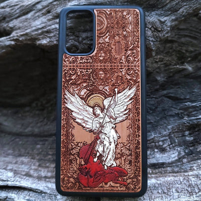 St. Michael Archangel wood phone case, hand-painted & laser engraved design