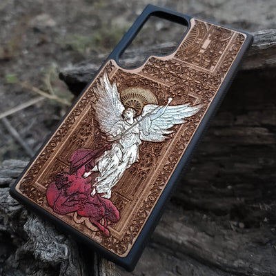 Saint Michael the Archangel wooden phone case, gothic hand-painted design on cherrywood, laser engraved. Compatible with iPhone -11 Pro Max, Galaxy S-S20. Religious-inspired phone case.