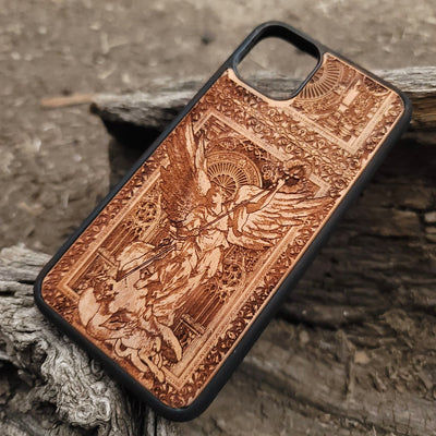 Wooden phone case with gothic Saint Michael protector design, intricately engraved. Compatible with iPhone , iPhone 15, iPhone 14, iPhone 13, Samsung Galaxy S, S24, S23, and more. Ideal for lovers of medieval and gothic art.