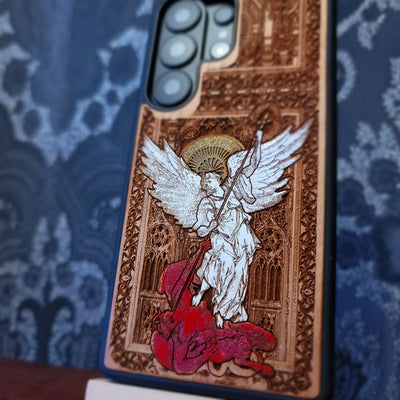 Saint Michael the Archangel wooden phone case, gothic hand-painted design on cherrywood, laser engraved. Compatible with iPhone , Galaxy Religious-inspired phone case.