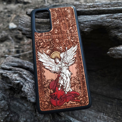 Handmade wooden phone case featuring St. Michael Archangel laser engraving