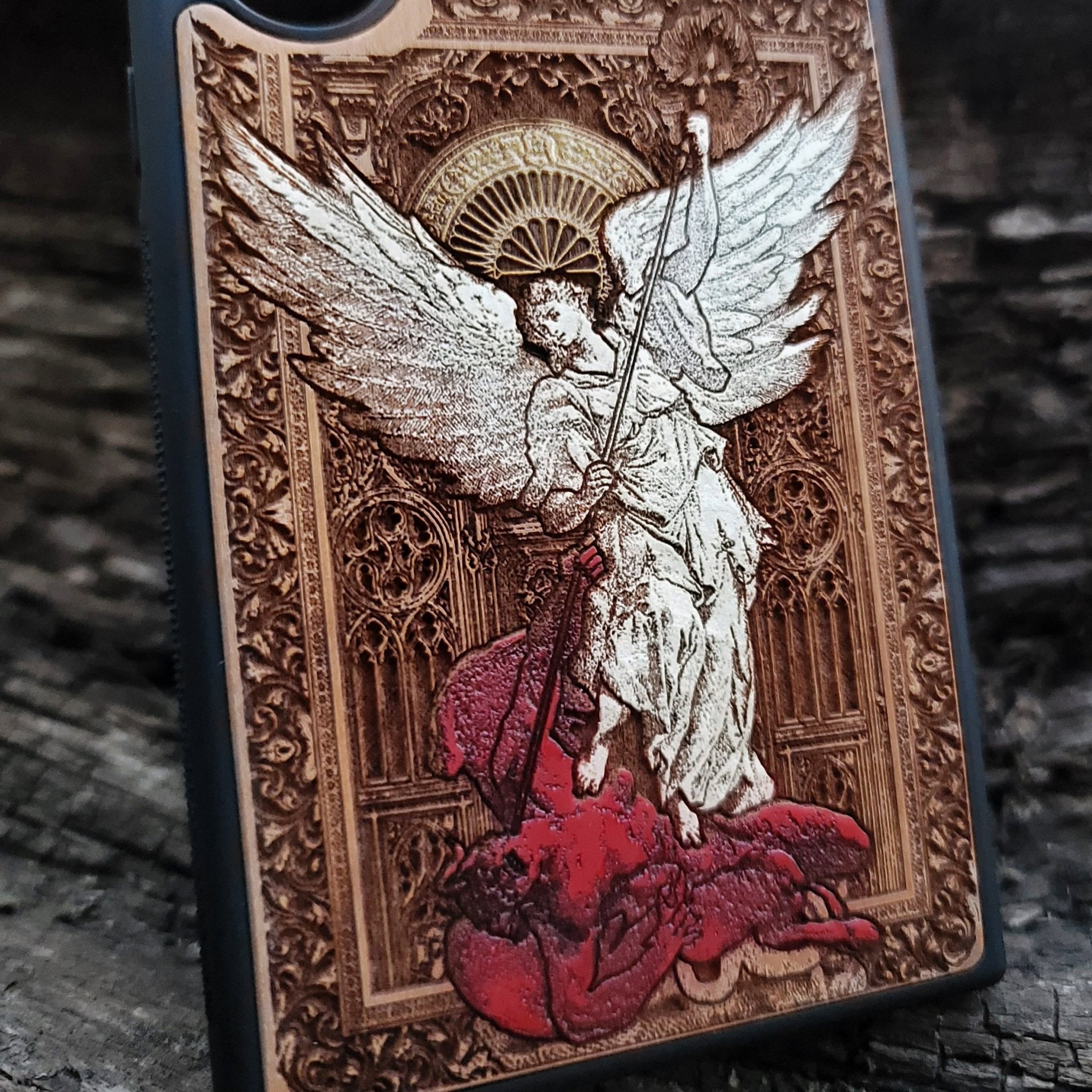 Saint Michael the Archangel wooden phone case, gothic hand-painted design on cherrywood, laser engraved. Compatible with iPhone -11 Pro Max, Galaxy S-S20. Religious-inspired phone case.