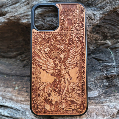 Wood phone case featuring religious artwork of Saint Michael the Archangel, engraved for iPhone  and Samsung Galaxy S with intricate detailing of the archangel defeating the devil.