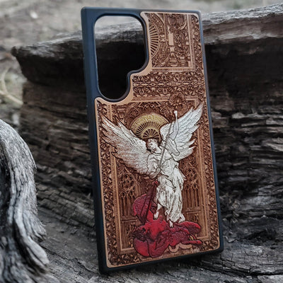 Saint Michael the Archangel wooden phone case, gothic hand-painted design on cherrywood, laser engraved. Compatible with iPhone -11 Pro Max, Galaxy S-S20. Religious-inspired phone case.