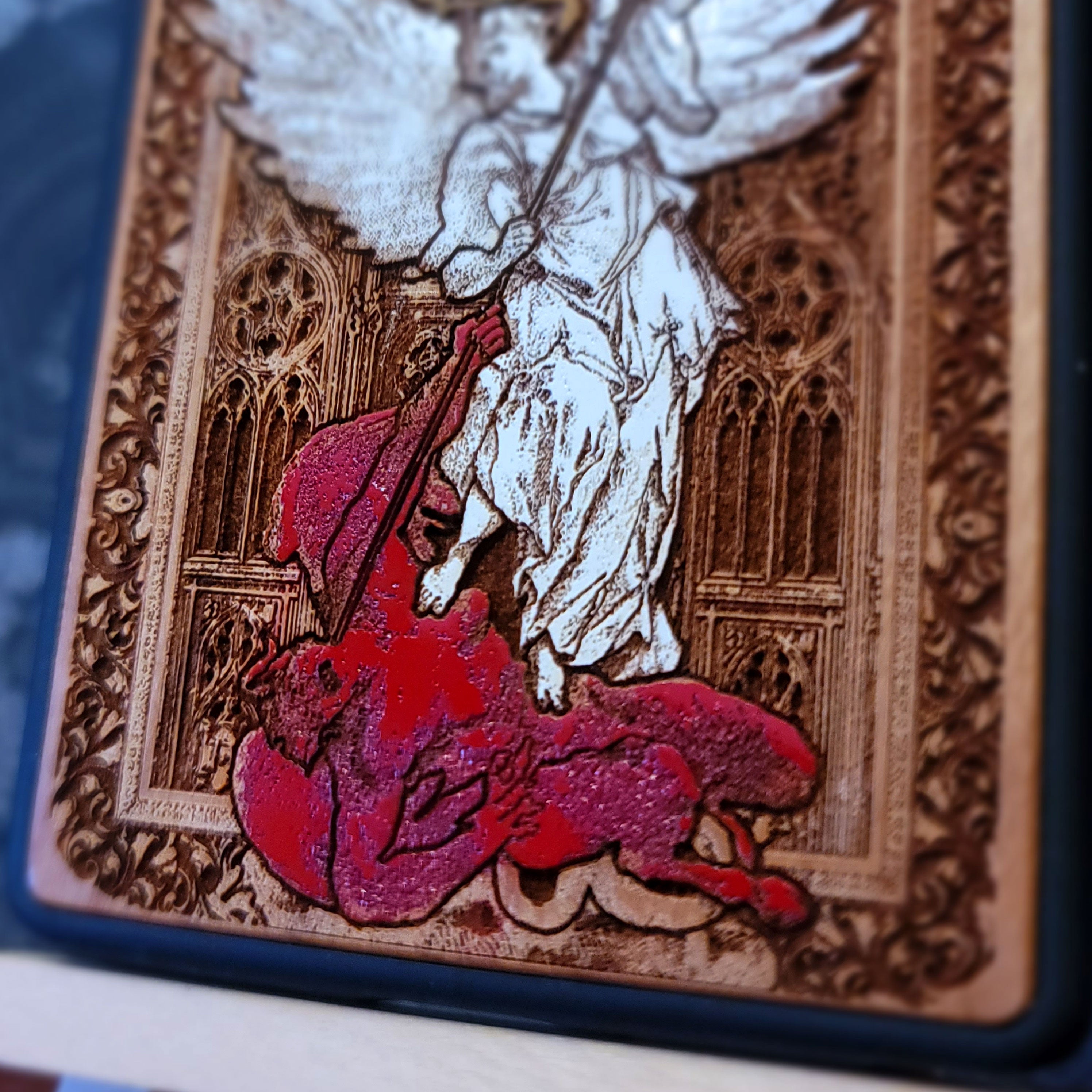 Saint Michael the Archangel wooden phone case, gothic hand-painted design on cherrywood, laser engraved. Compatible with iPhone , Galaxy Religious-inspired phone case.