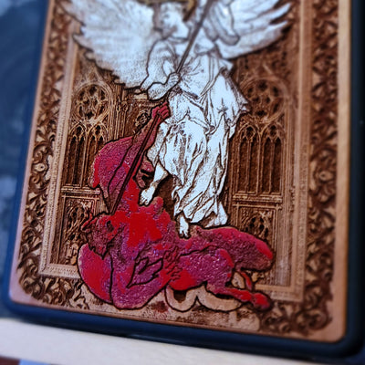 Saint Michael the Archangel wooden phone case, gothic hand-painted design on cherrywood, laser engraved. Compatible with iPhone , Galaxy Religious-inspired phone case.