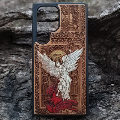 Saint Michael the Archangel wooden phone case, gothic hand-painted design on cherrywood, laser engraved. Compatible with iPhone -11 Pro Max, Galaxy S-S20. Religious-inspired phone case.