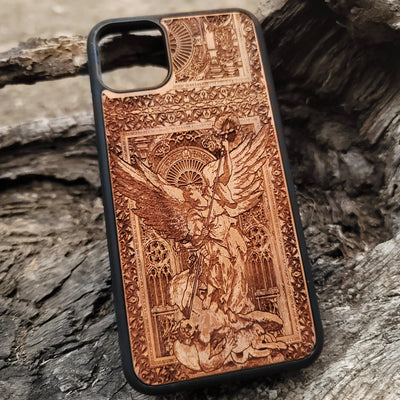 Wooden phone case with gothic Saint Michael protector design, intricately engraved. Compatible with iPhone , iPhone 15, iPhone 14, iPhone 13, Samsung Galaxy S, S24, S23, and more. Ideal for lovers of medieval and gothic art.