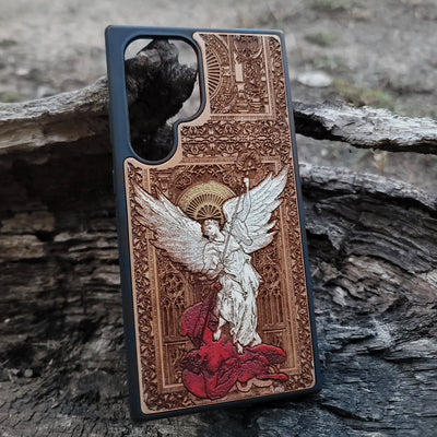 Saint Michael the Archangel wooden phone case, gothic hand-painted design on cherrywood, laser engraved. Compatible with iPhone -11 Pro Max, Galaxy S-S20. Religious-inspired phone case.