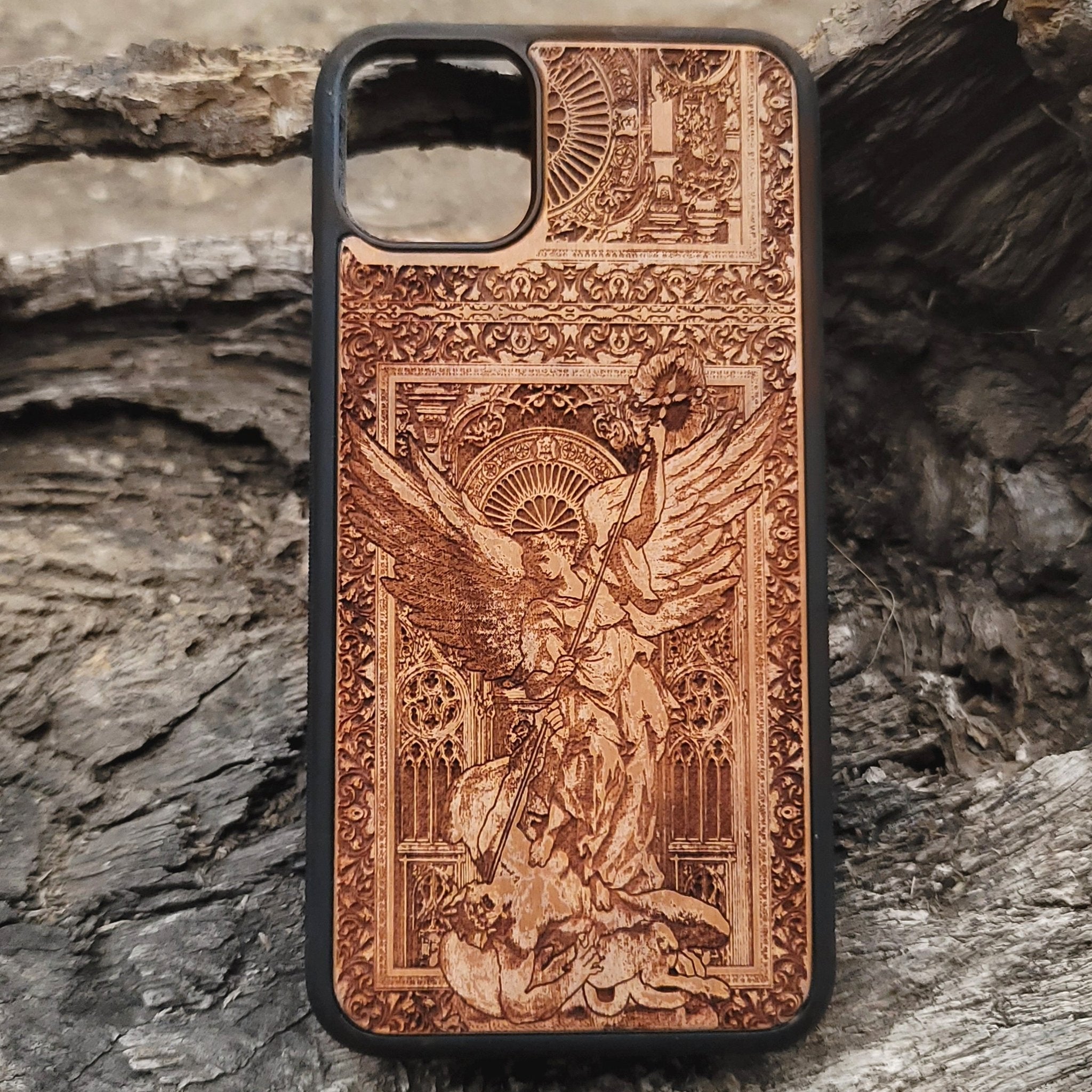 Saint Michael gothic wood phone case, laser engraved design