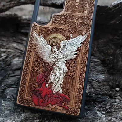 Saint Michael the Archangel wooden phone case, gothic hand-painted design on cherrywood, laser engraved. Compatible with iPhone -11 Pro Max, Galaxy S-S20. Religious-inspired phone case.