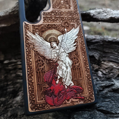 Saint Michael the Archangel wooden phone case, gothic hand-painted design on cherrywood, laser engraved. Compatible with iPhone -11 Pro Max, Galaxy S-S20. Religious-inspired phone case.