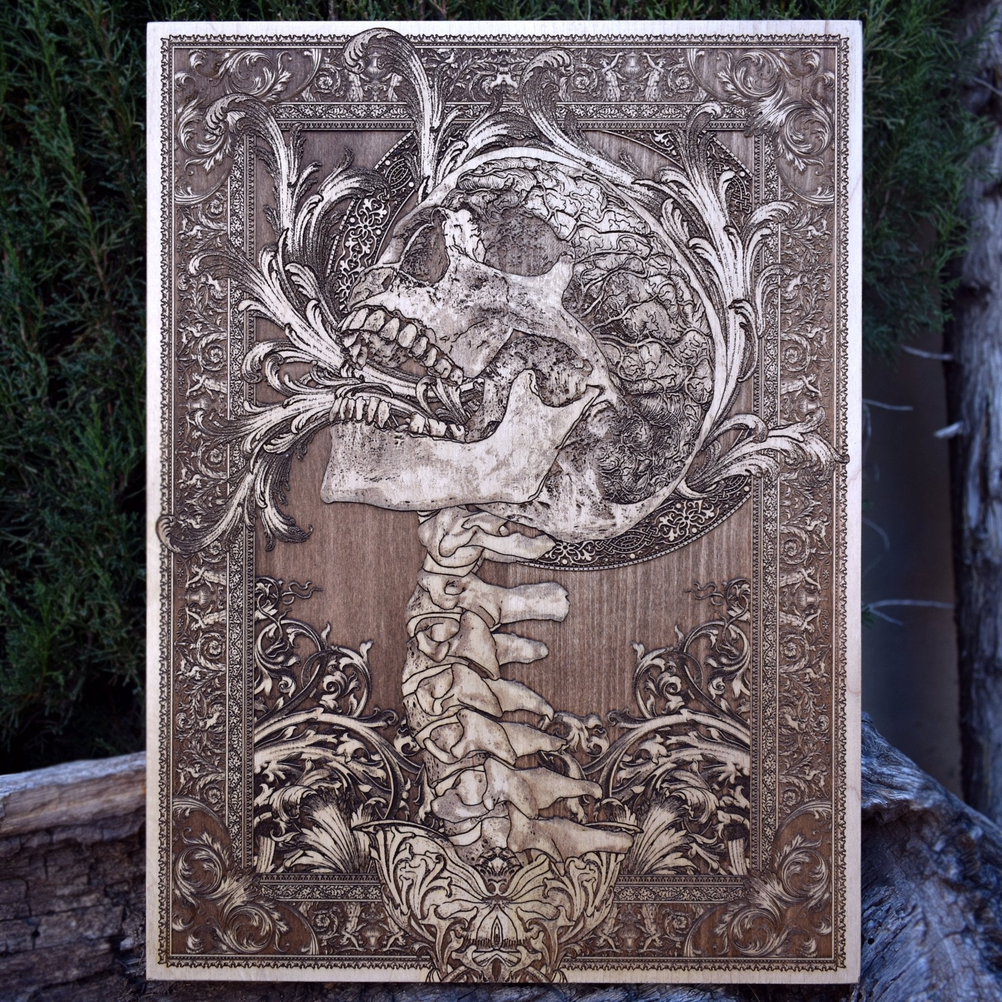 Screaming skull wood wall art in gothic horror style