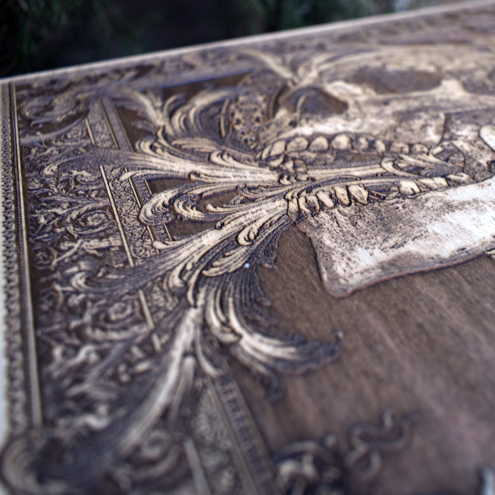 Laser engraved skull wall art with gothic skeleton detail