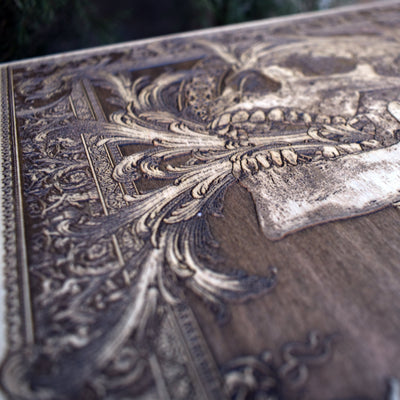Laser engraved skull wall art with gothic skeleton detail