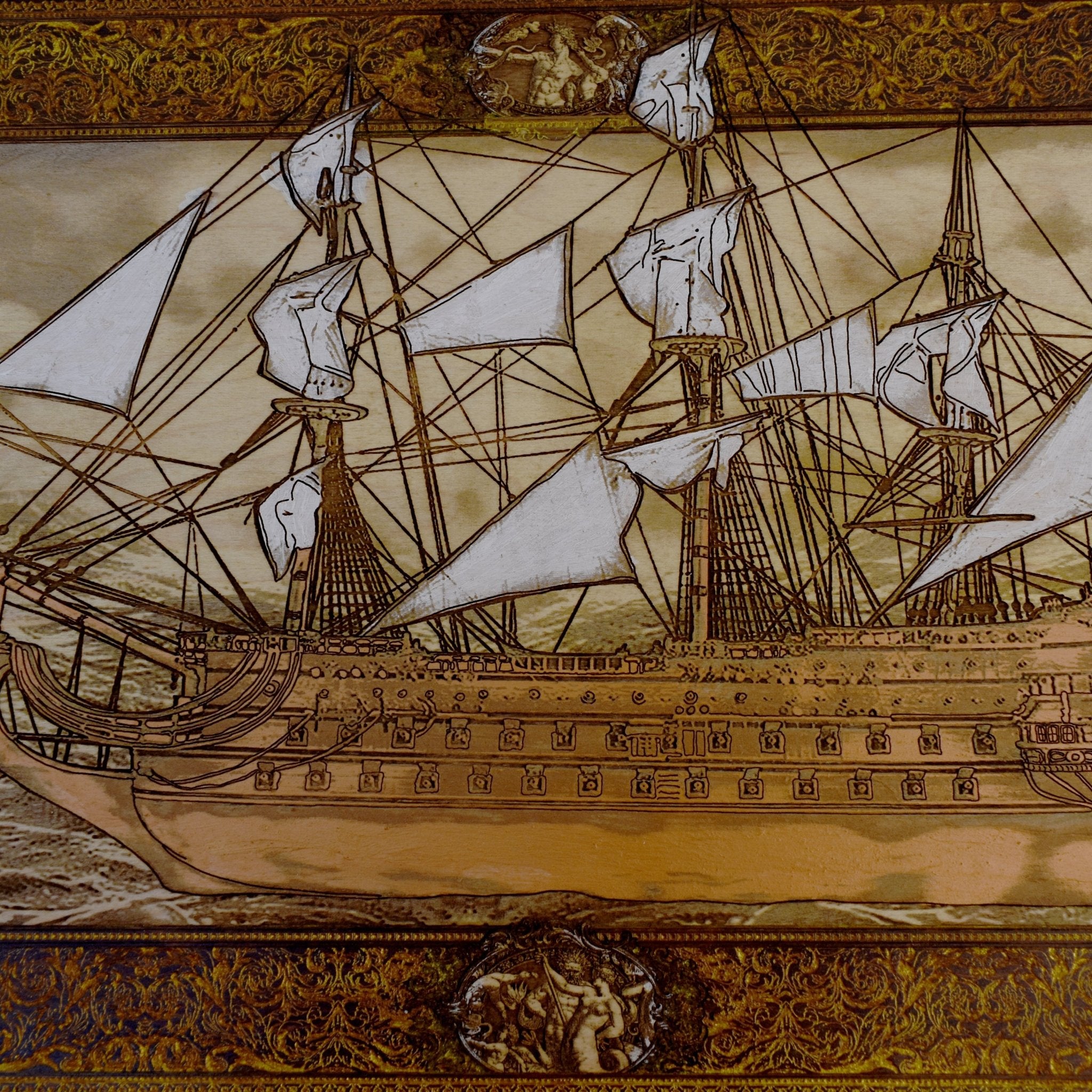 Engraved wooden wall art with detailed sailing ship design, nautical maritime home décor