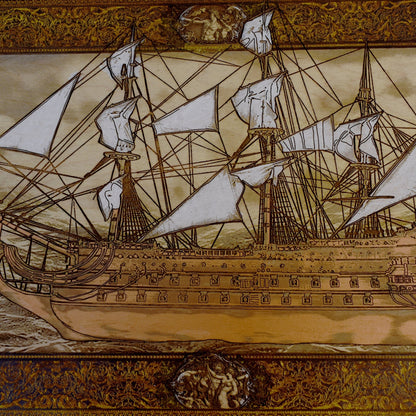 Engraved wooden wall art with detailed sailing ship design, nautical maritime home décor