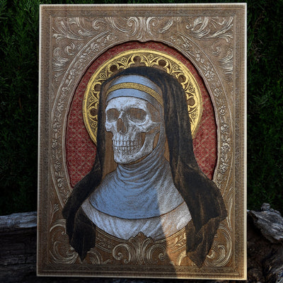 Engraved wood art depicting a sister with a skull in gothic style.