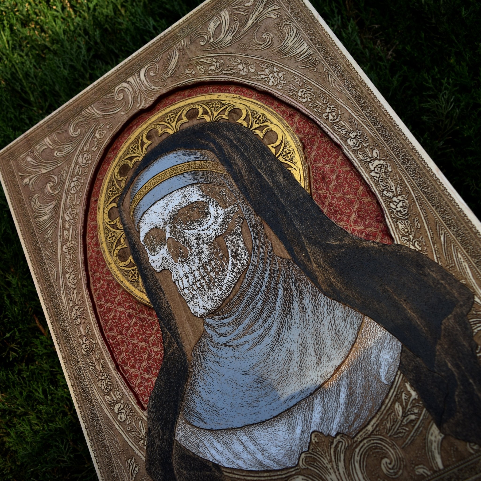 Limited edition maple wood wall art featuring sister and skull design.