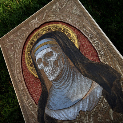 Limited edition maple wood wall art featuring sister and skull design.