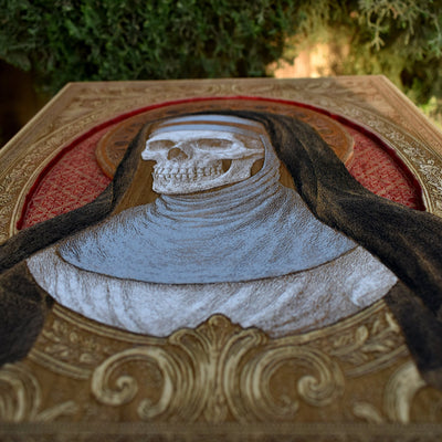 Gothic-themed wood engraving of sister and skull, limited edition.