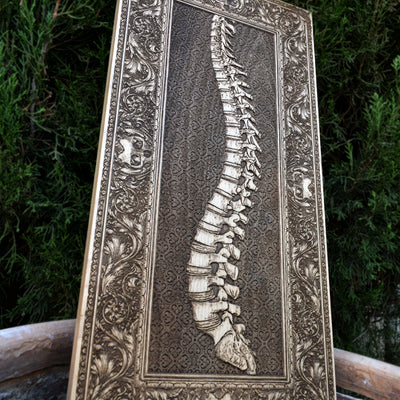 Gothic engraved wood art – gothic art, engraved wood, dark fantasy, skeleton design, artisan crafted