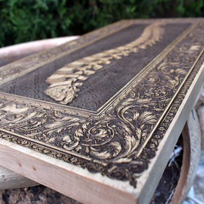 Gothic engraved wood art – gothic art, engraved wood, dark fantasy, skeleton design, artisan crafted