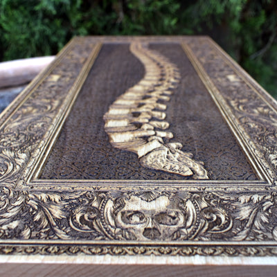 Gothic engraved wood art – gothic art, engraved wood, dark fantasy, skeleton design, artisan crafted
