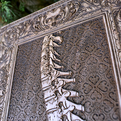 Gothic engraved wood art – gothic art, engraved wood, dark fantasy, skeleton design, artisan crafted