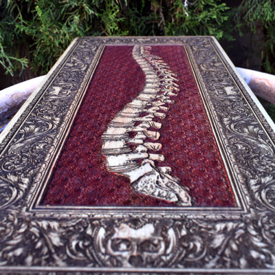 Gothic engraved wood art – gothic art, engraved wood, dark fantasy, skeleton design, artisan crafted