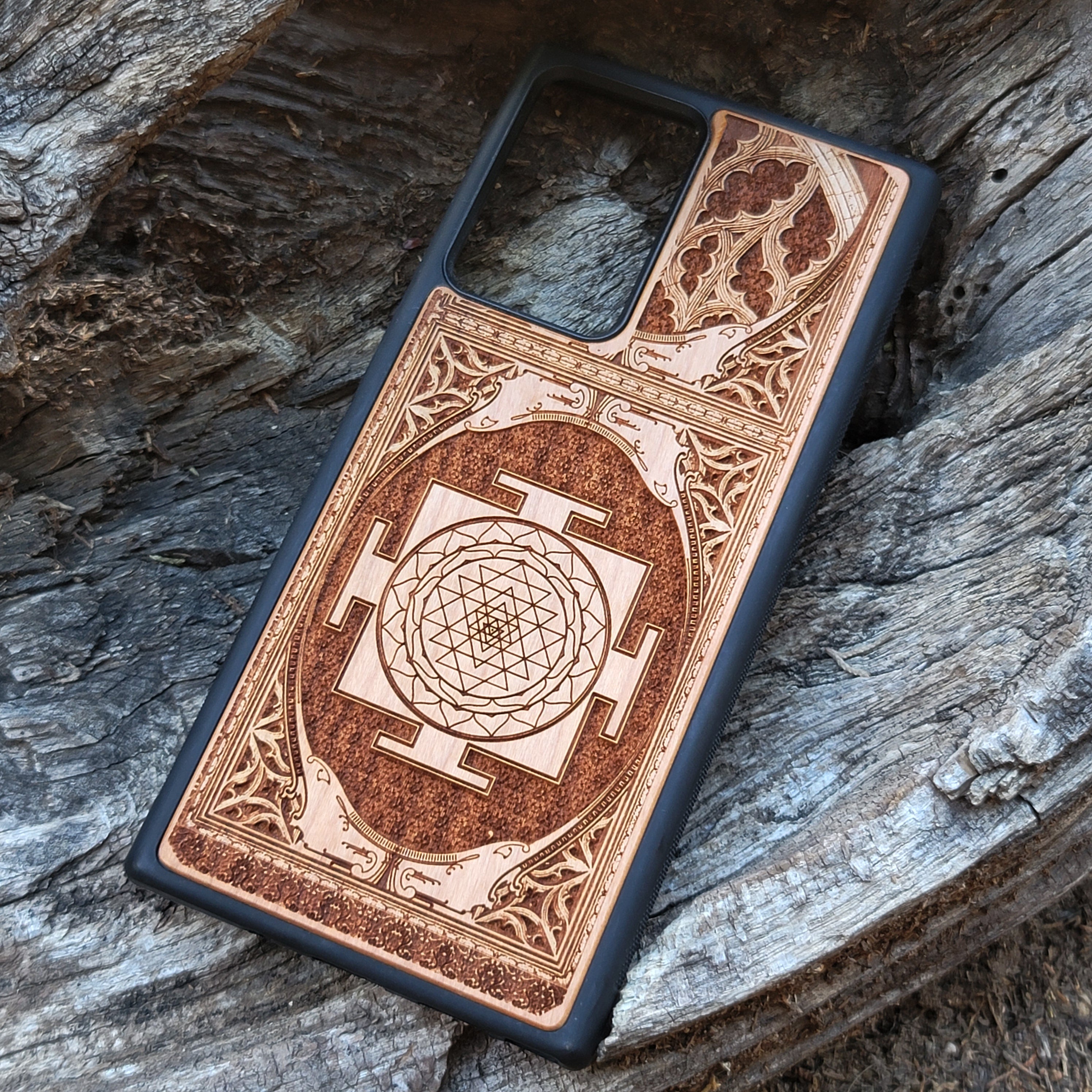 iPhone & Samsung Galaxy Wood Phone Case - Gothic Pattern with Sri Yantra Chakra