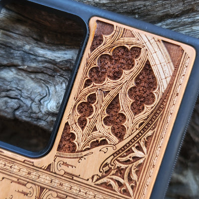 Wood phone case for iPhone & Samsung Galaxy featuring intricate Sri Yantra Chakra design. Laser-engraved with Gothic patterns, offering a unique, spiritual aesthetic. Slim, durable, and compatible with iPhone 15, 14, 13, 12, 11 Pro Max Mini & Samsung Galaxy S24, S23, S22, S21, S20 Ultra Plus Note 20. Stylish, protective, and personalized—order now!